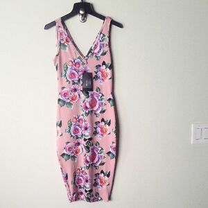 NWT Zara BodyCon Dress Pink Roses Floral Midi Sexy Fitted S Short Sleeve V Neck